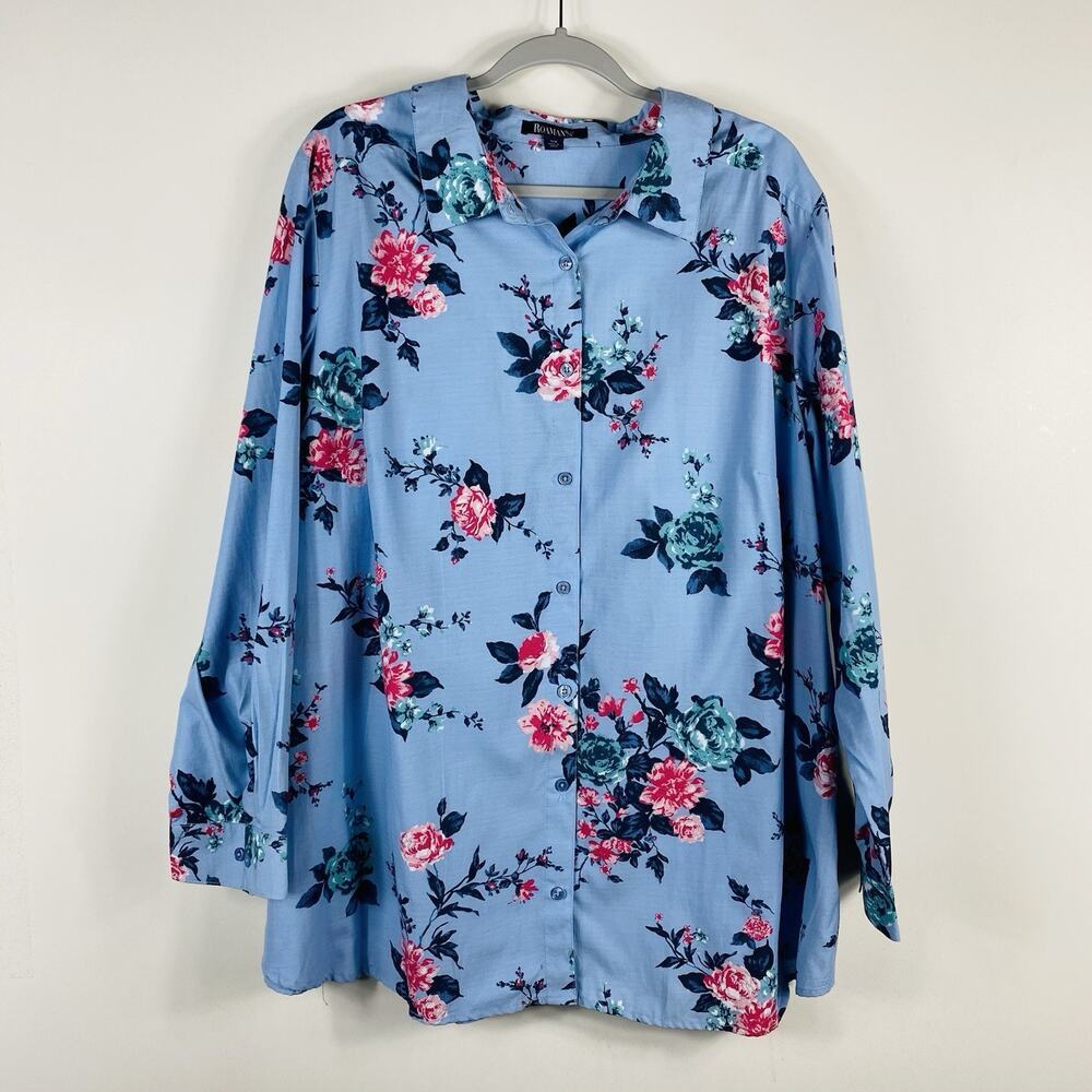 Roaman's Button Shirt 26 Blue Floral Top Long Sleeve Cotton Blend